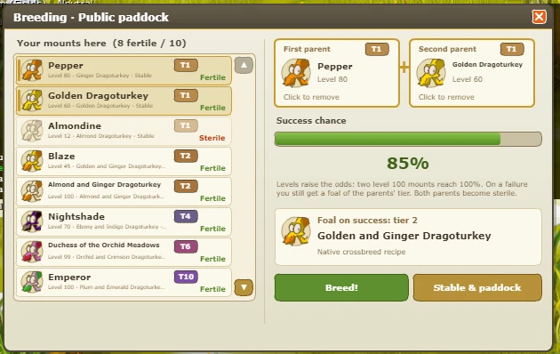 The Breeding window with two Tier 1 mounts, Pepper level 80 and a level 60 Golden Dragoturkey, as parents: 85% success chance and a Tier 2 Golden and Ginger Dragoturkey foal from the native crossbreed recipe.