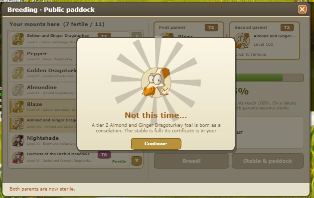 Breeding failure: Not this time. A Tier 2 Almond and Ginger Dragoturkey foal is born as a consolation.