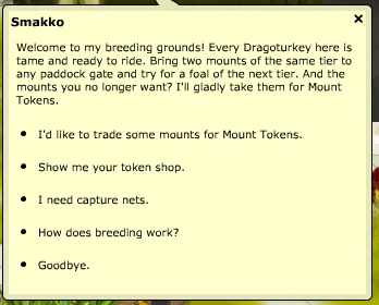 Smakko's dialogue: a welcome message and the choices to trade mounts for Mount Tokens, open the token shop, buy capture nets, ask how breeding works or leave.