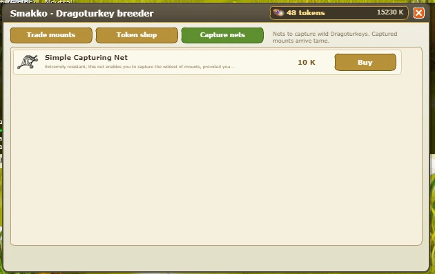 The Capture nets tab of Smakko's window: a Simple Capturing Net for 10 kamas with a Buy button.