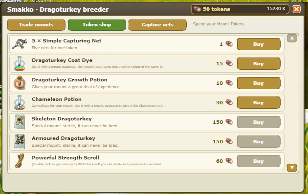 Smakko's Token shop tab listing five capture nets for one token, Dragoturkey Coat Dye for 15 tokens, Dragoturkey Growth Potion for 10 tokens, Chameleon Potion for 30 tokens, the Skeleton and Armoured Dragoturkey certificates for 150 tokens each and a Powerful Strength Scroll for 60 tokens.