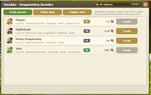 Smakko's Trade mounts tab: four mounts with their tier and the tokens offered, +1 for Tier 1, +16 for Tier 4, +9 for Tier 3 and +81 for Tier 9. The equipped mount and a mount carrying items cannot be traded.