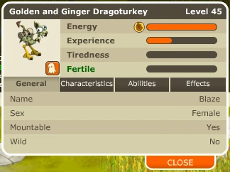 The original mount sheet with Energy, Experience, Tiredness and Fertile gauges and a Characteristics tab.