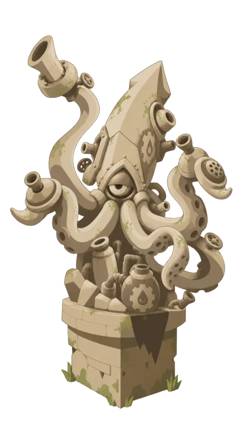 The Foggernaut statue: a stone squid wrapped around brass pipes