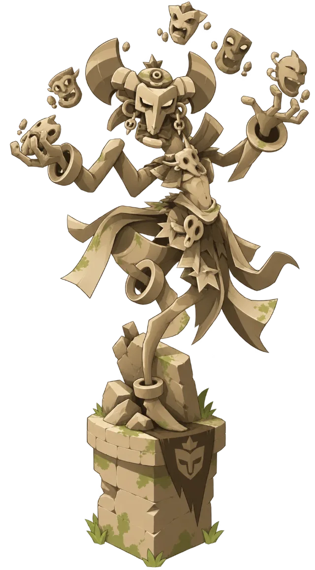 A stone statue of a dancer juggling masks