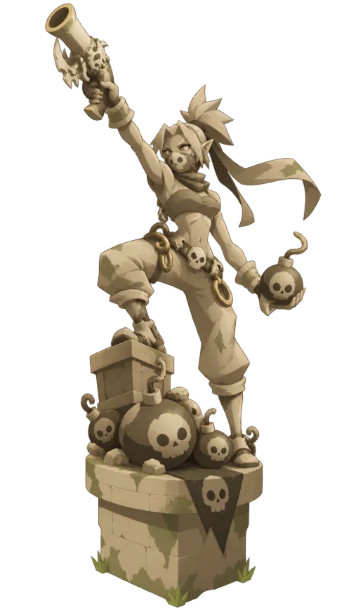 The Rogue statue: a stone bandit on a pile of bombs